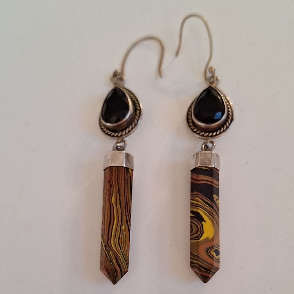 Black Spinel, Rainbow Calsilica And Sterling Silver Dangle Earrings